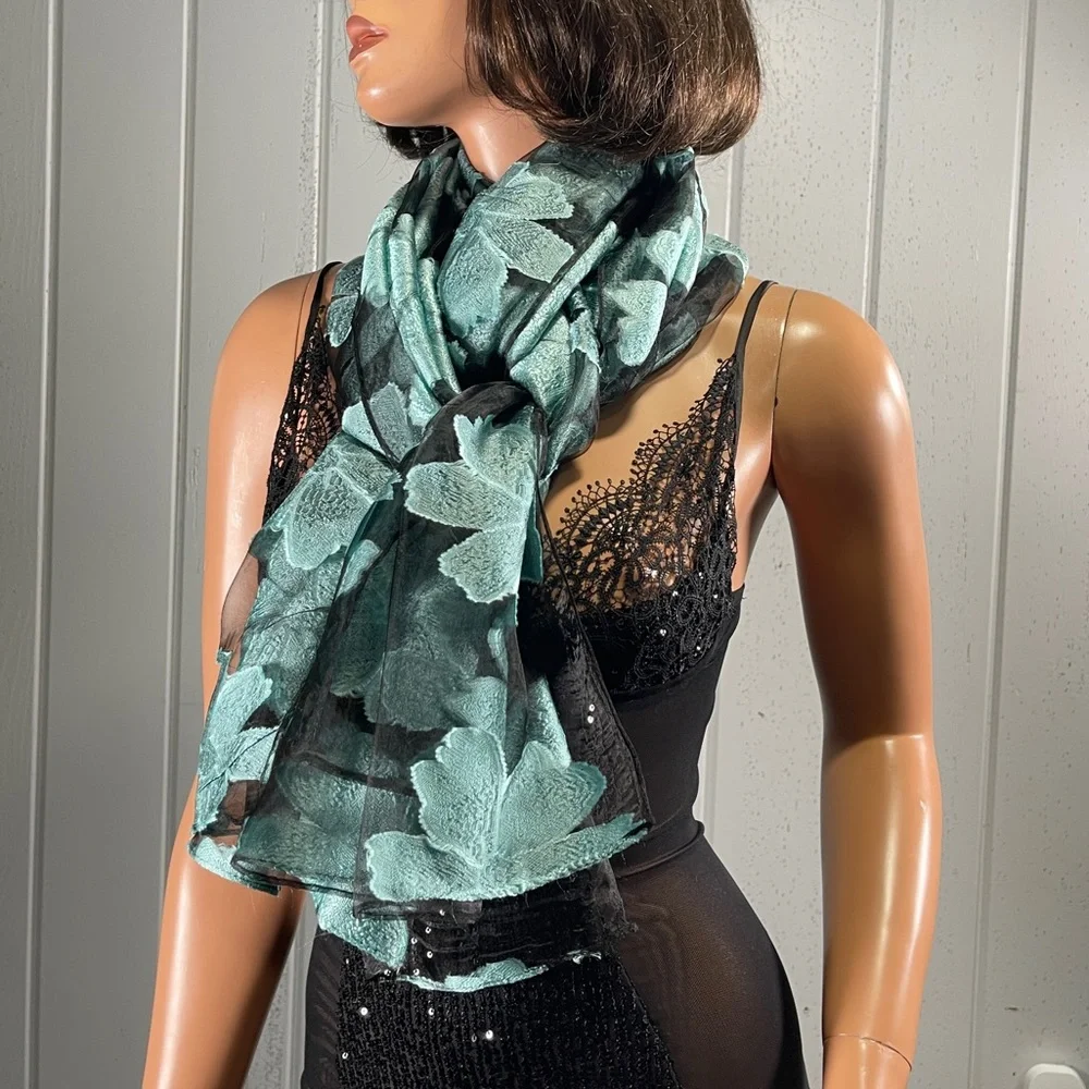 Women’s Blue & Black Floral Semi-Sheer Dress Scarf/Wrap
